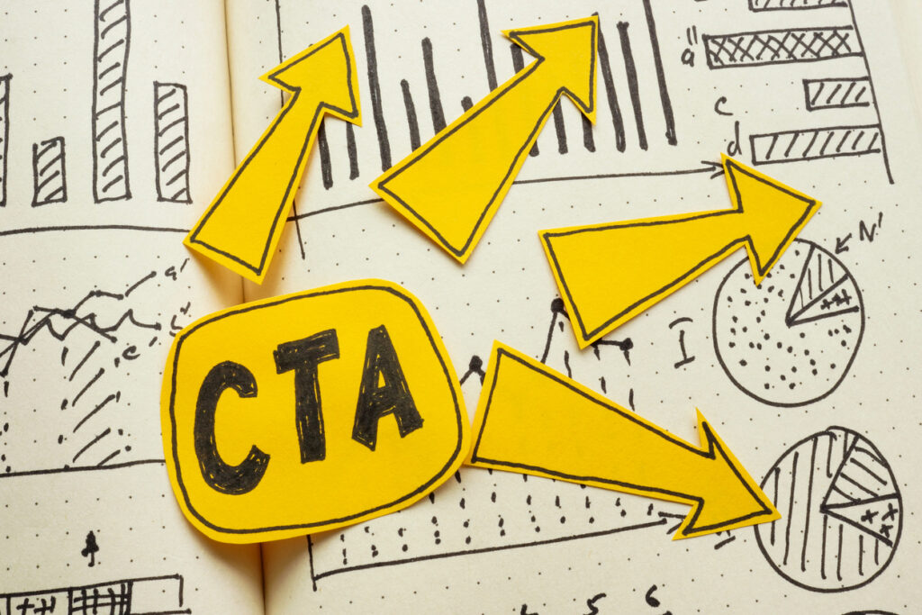 Abbreviation call to action CTA with arrows. Symbolize marketing effectiveness and conversion strategies.